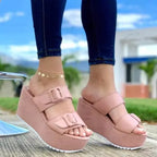 Women wedge heel platform slippers with belt buckle from Trendy Attic Store01, featuring a stylish design and comfortable slip-on style.