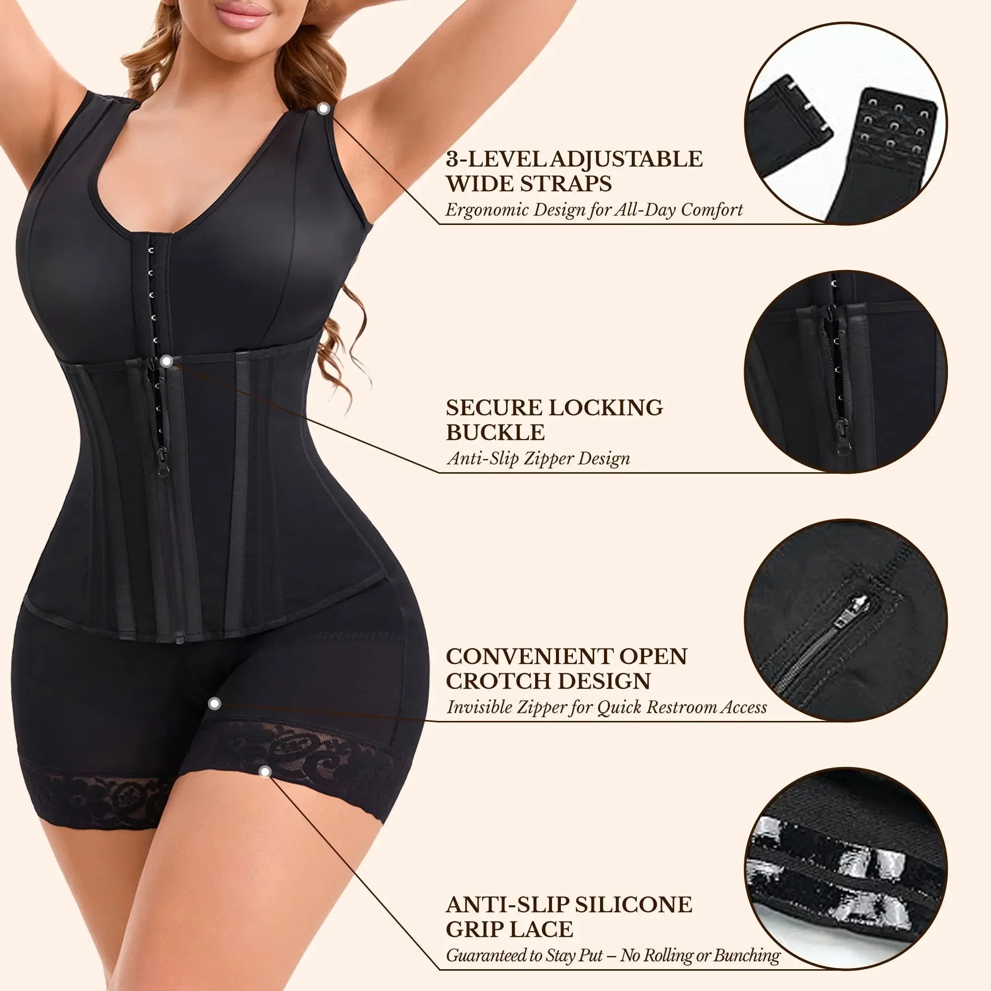 Overbust Colombian shapewear bodysuit by Plush Fashion Hub, designed for tummy control and body sculpting, shown on a model.
