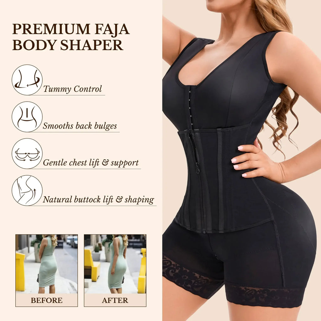 Overbust Colombian shapewear bodysuit with tummy control, plush fabric, and seamless design for shaping and smoothing.