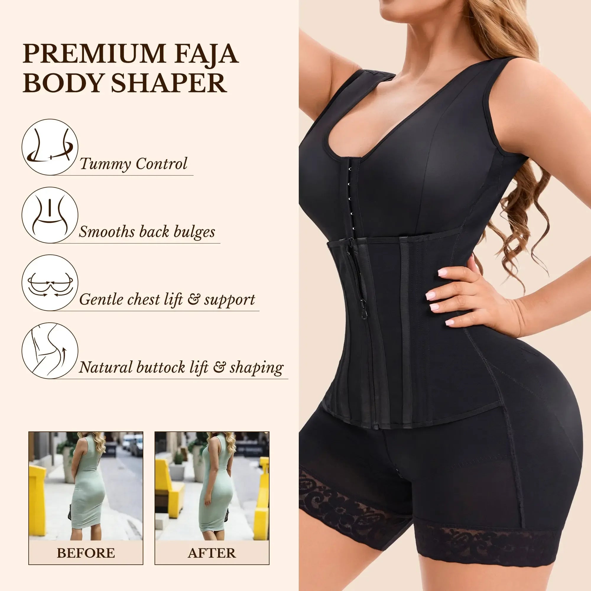Overbust Colombian shapewear bodysuit with tummy control, plush fabric, and seamless design for shaping and smoothing.