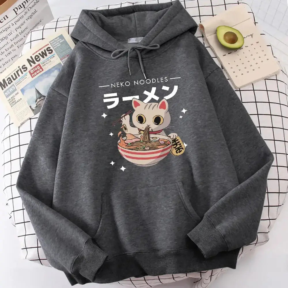 Women’s cozy cat print pullover sweatshirt from Plush Fashion Hub featuring a retro graphic design and crewneck style.