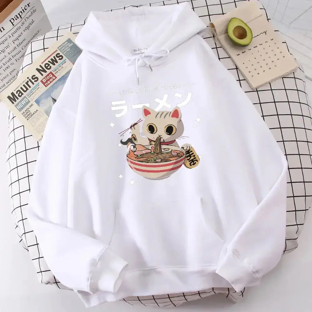 Women’s cozy plush fashion hub cat print sweatshirt with a graphic crewneck, soft and comfortable for casual wear.