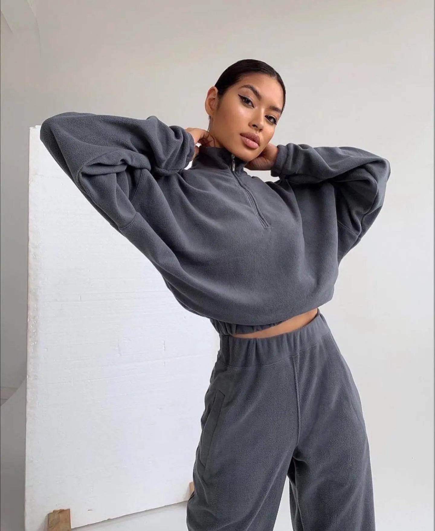 Fashion High Collar Leisure Fleece Sweater Suit - Plush Fashion Hub