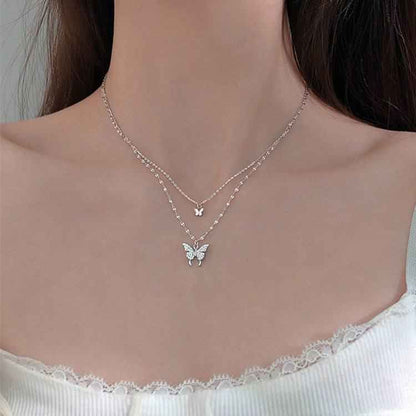 Elegant silver butterfly necklace with double layer clavicle chain, perfect fashion jewelry gift.