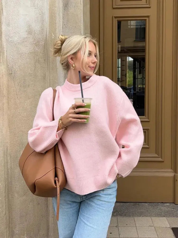 Fashion Pink Solid Warm Thick Loose Women Sweater Plush Fashion Hub