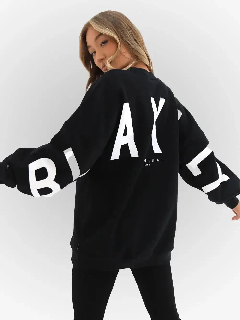 Oversized Plush Fashion Hub long sleeve sweatshirt with bold graphic print, cozy urban pullover, thick and loose fit.