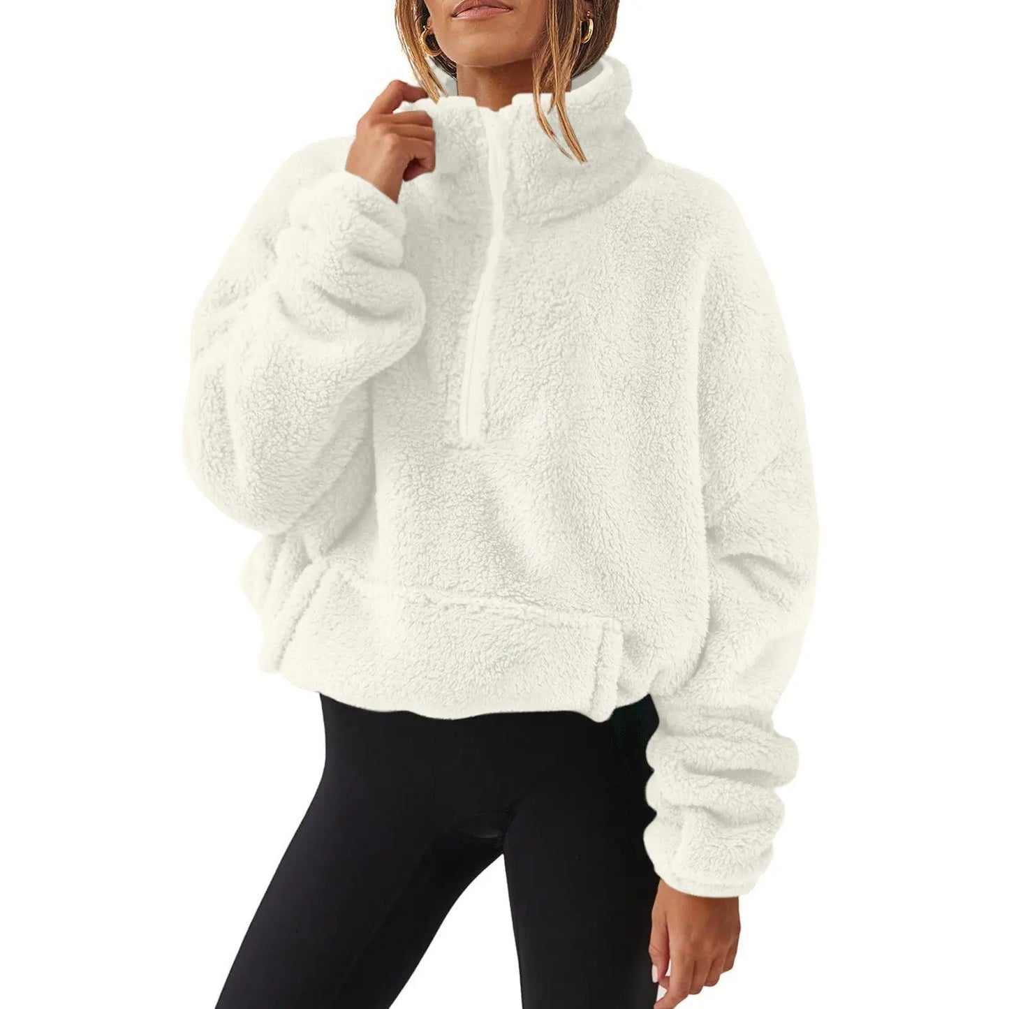 Fleece-lined Women's Half Zipped Stand Collar Sweater - Plush Fashion Hub