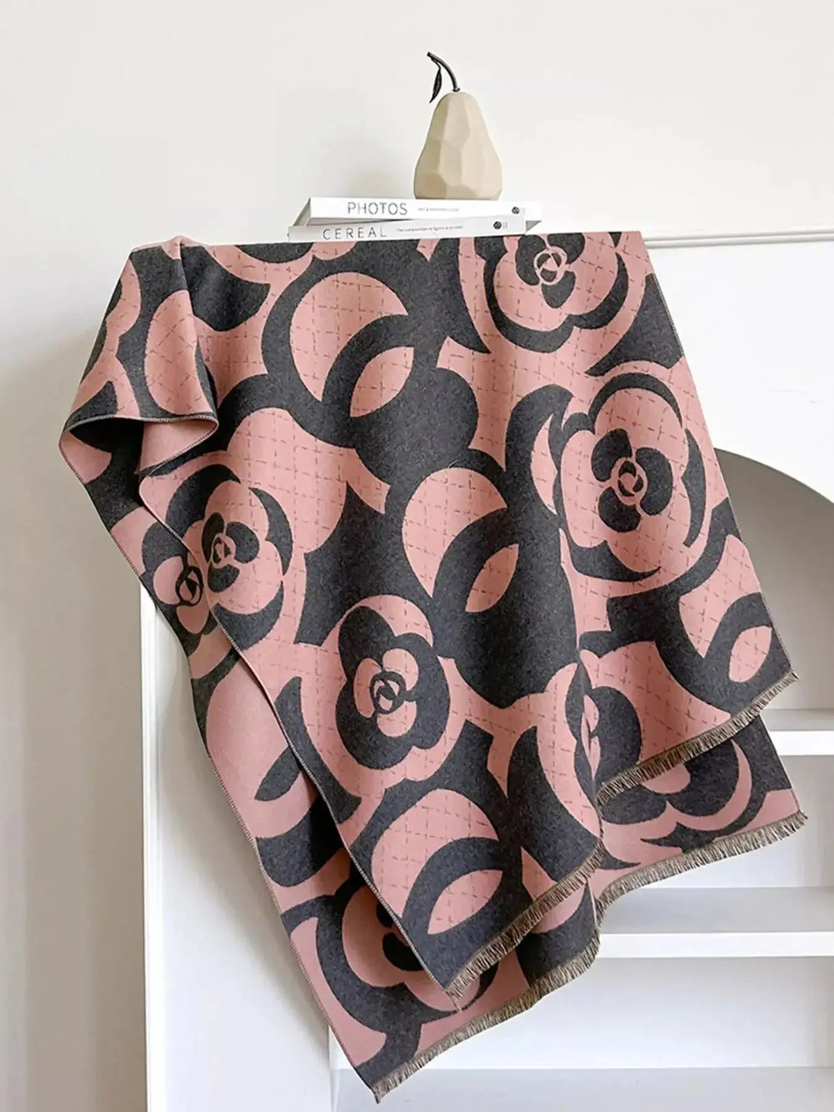 Floral patterned winter scarf from Plush Fashion Hub, soft and cozy accessory providing warmth for autumn and winter.