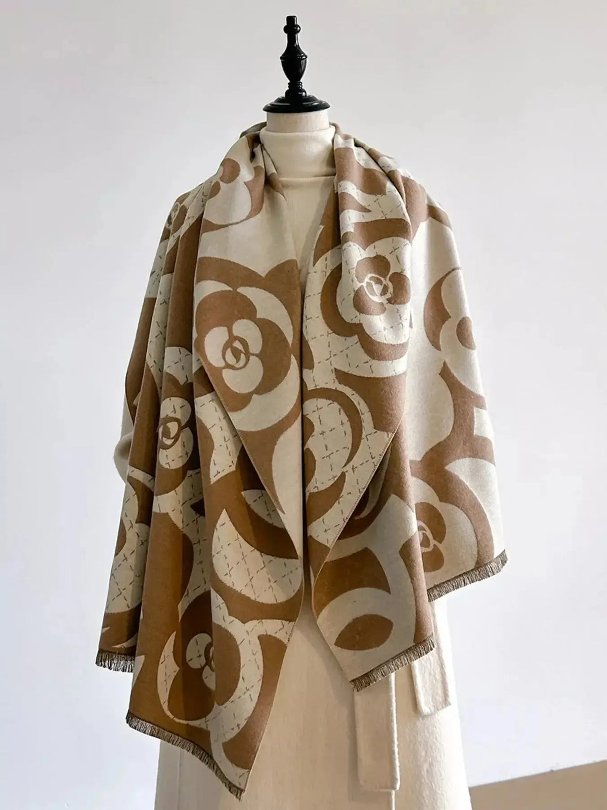 Floral patterned winter scarf by Plush Fashion Hub, soft and cozy for autumn warmth, featuring vibrant floral designs.