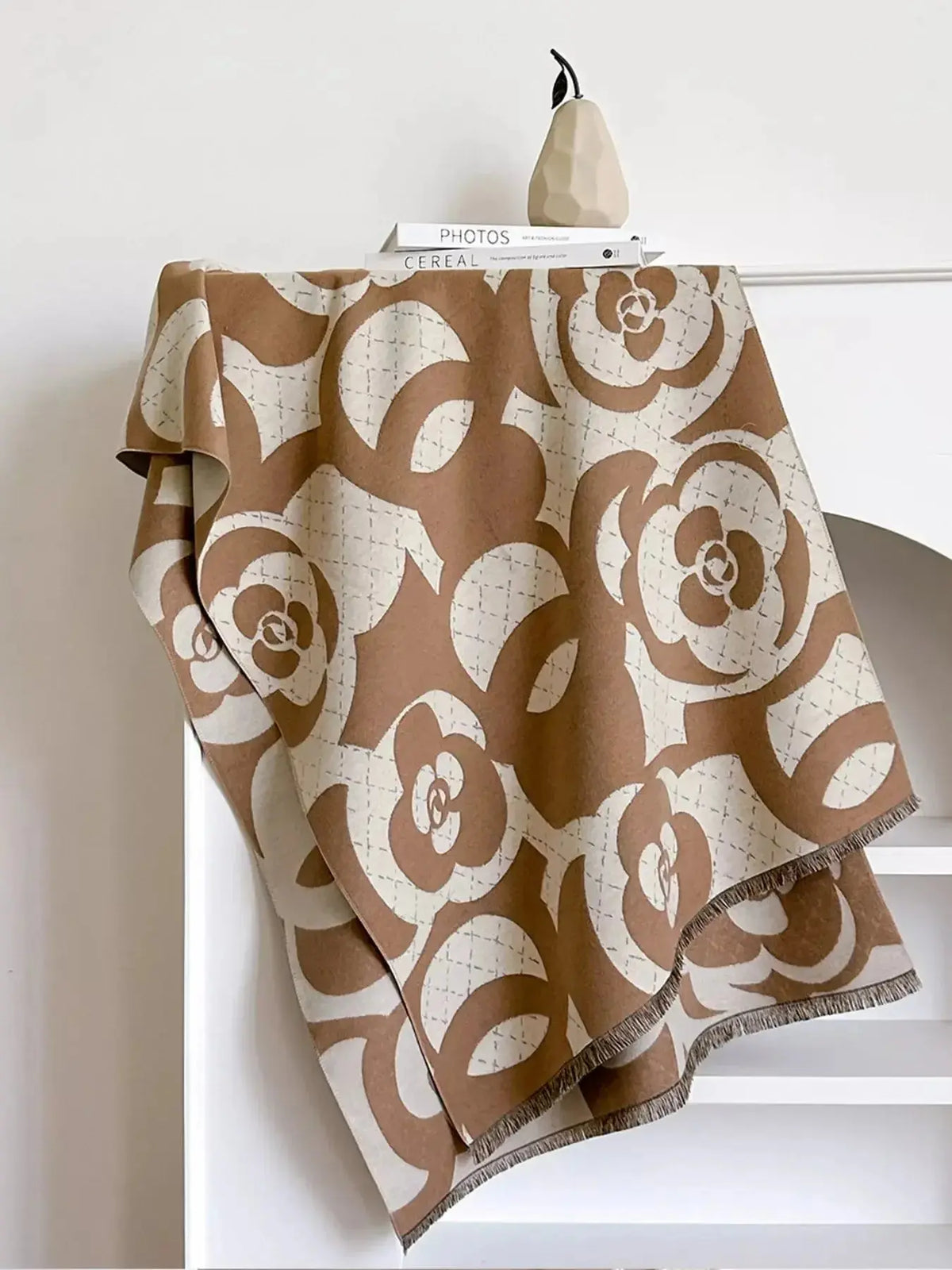 Floral patterned winter scarf from Plush Fashion Hub, soft and cozy accessories for warm autumn and winter wear.