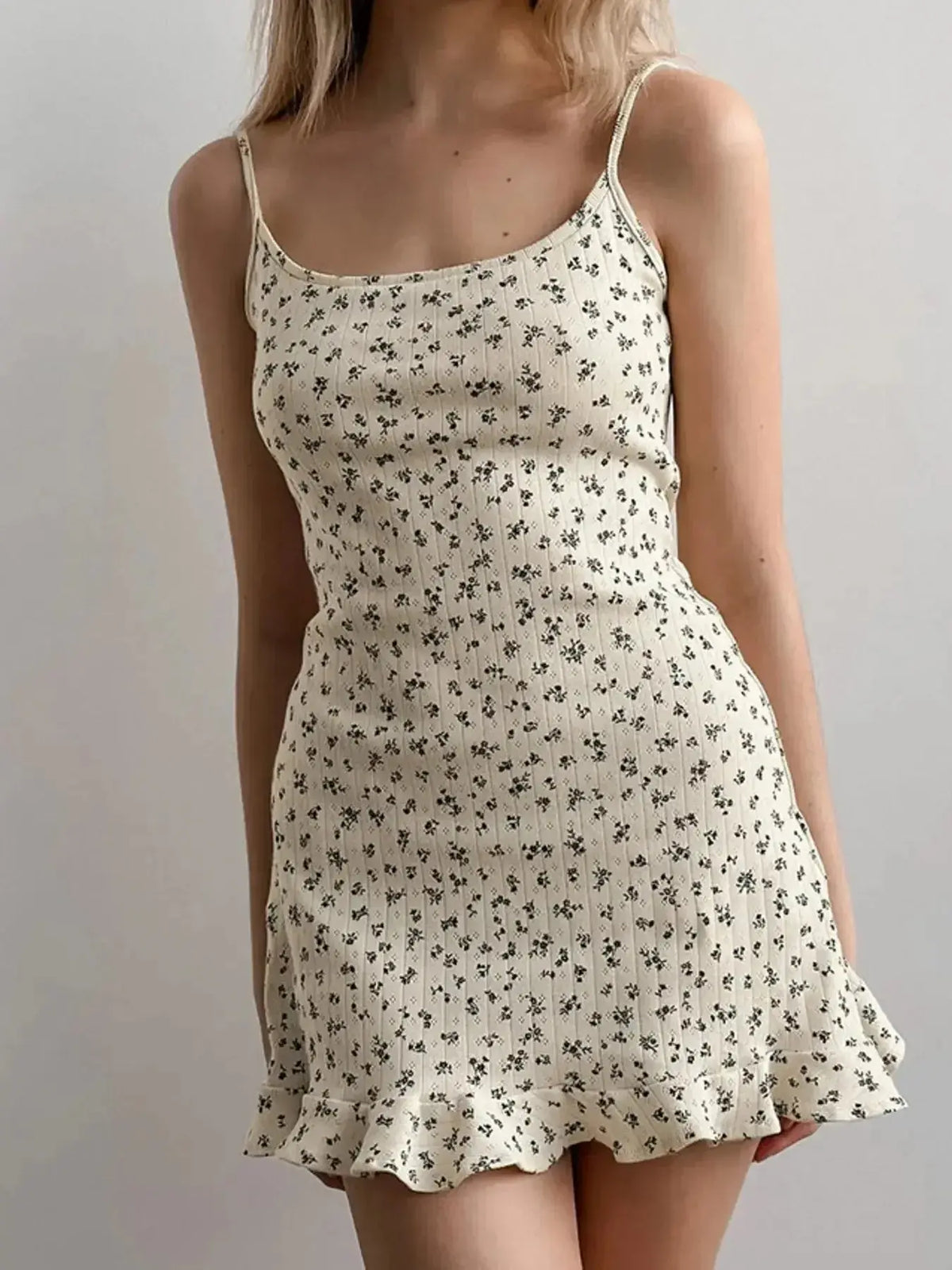 Floral print ruffle hem cami lounge dress by Plush Fashion Hub, soft lightweight sleepwear perfect for comfortable lounging or sleeping.