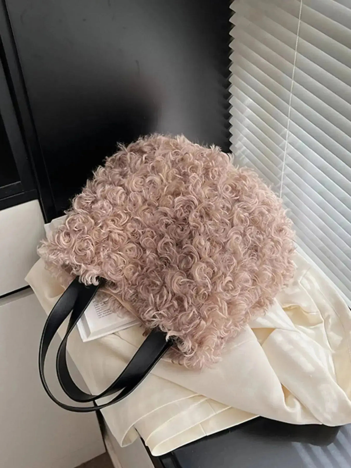 Soft faux fur plush shoulder handbag from Plush Fashion Hub, lightweight and cozy for stylish everyday use.