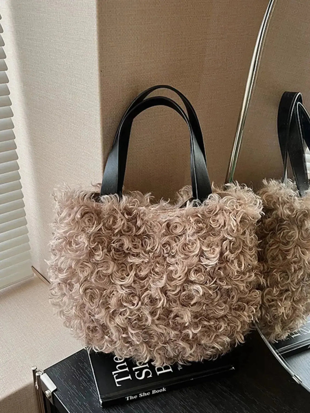 Soft faux fur fluffy plush shoulder bag by Trendsi, lightweight handbag with cozy, plush texture and stylish design.