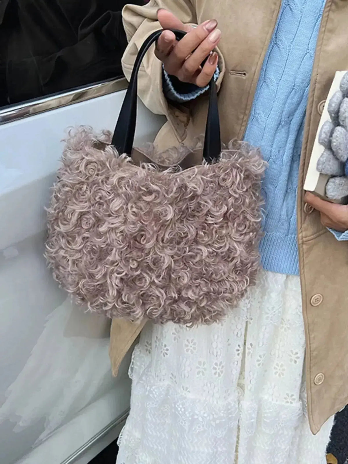 Lightweight fluffy plush faux fur shoulder handbag from Plush Fashion Hub, soft and trendy for stylish everyday use.