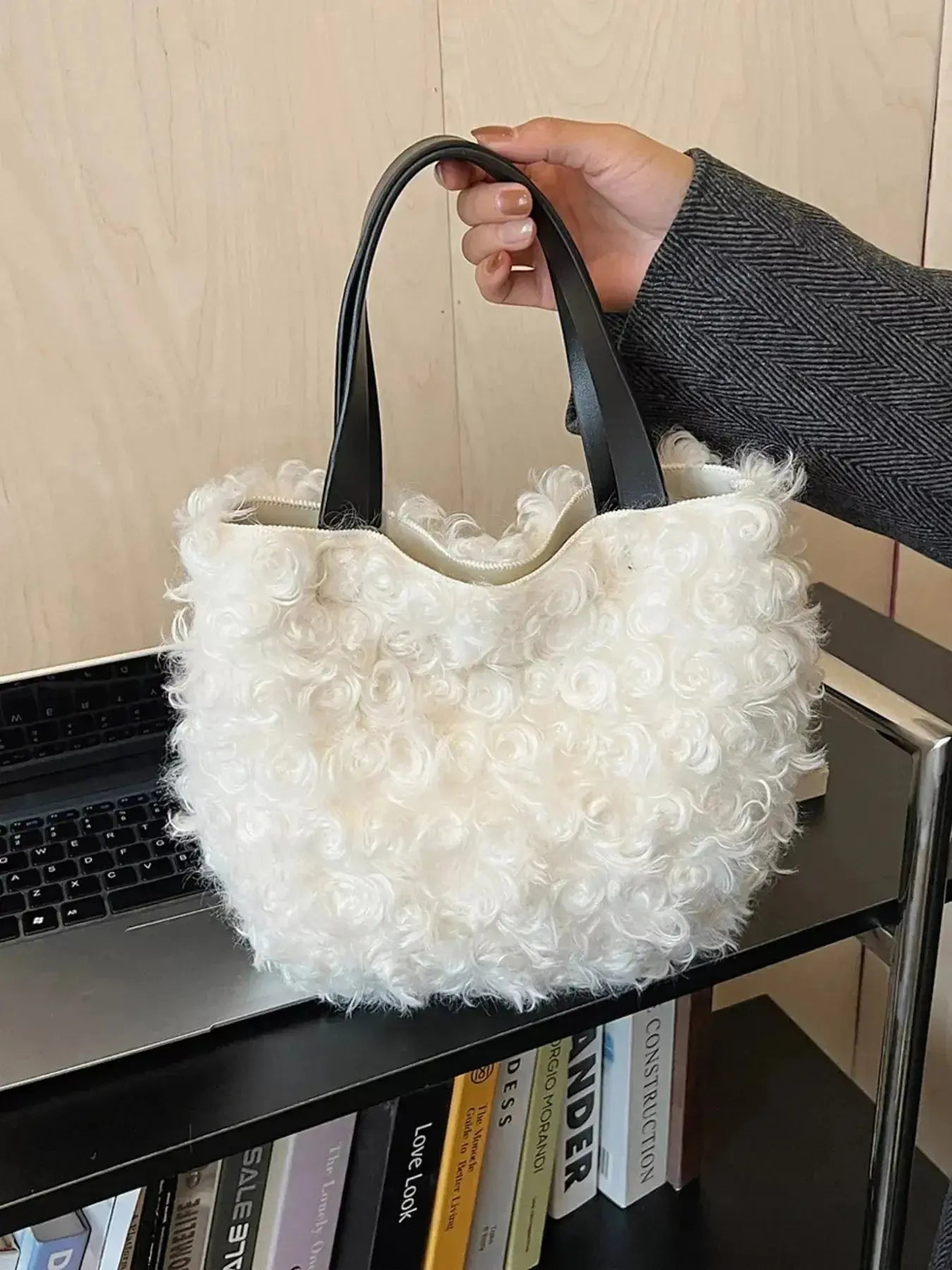 Soft faux fur fluffy shoulder bag by Trendsi, lightweight plush handbag with a cozy, stylish design for everyday use.