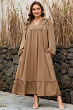 Long plus size maxi dress with Frankie accent bracelet by Threaded Pear, featuring elegant fabric and stylish accessory details.