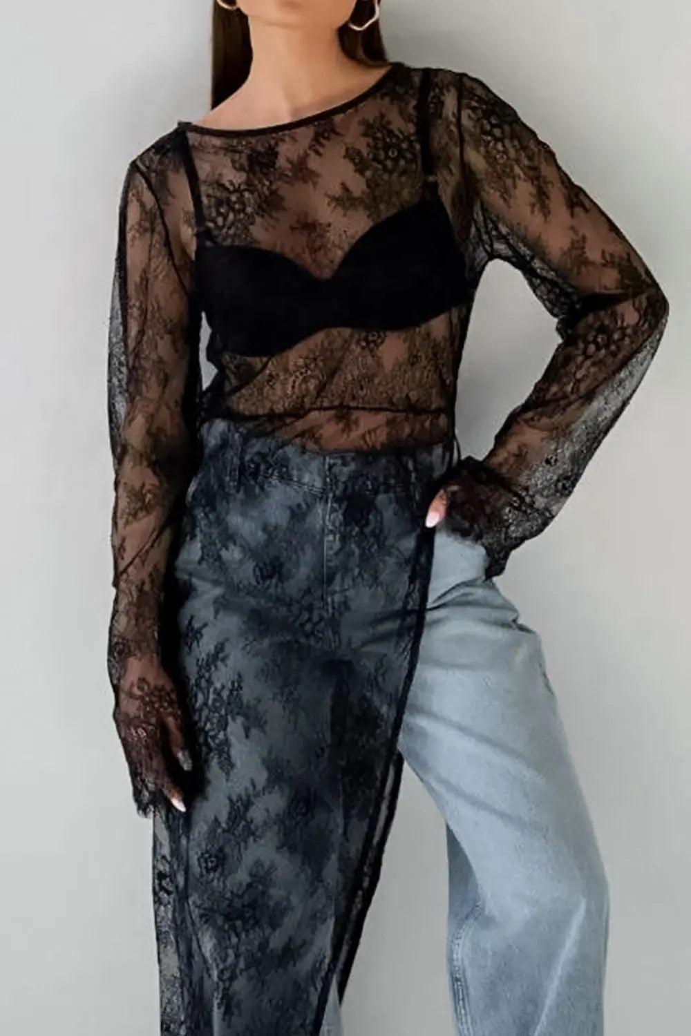 Fringe Round Neck Long Sleeve Lace Sheer Top OyeraCharisma