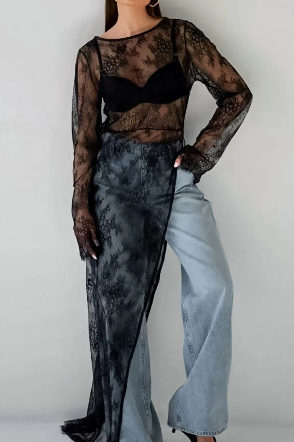 Fringe Round Neck Long Sleeve Lace Sheer Top OyeraCharisma