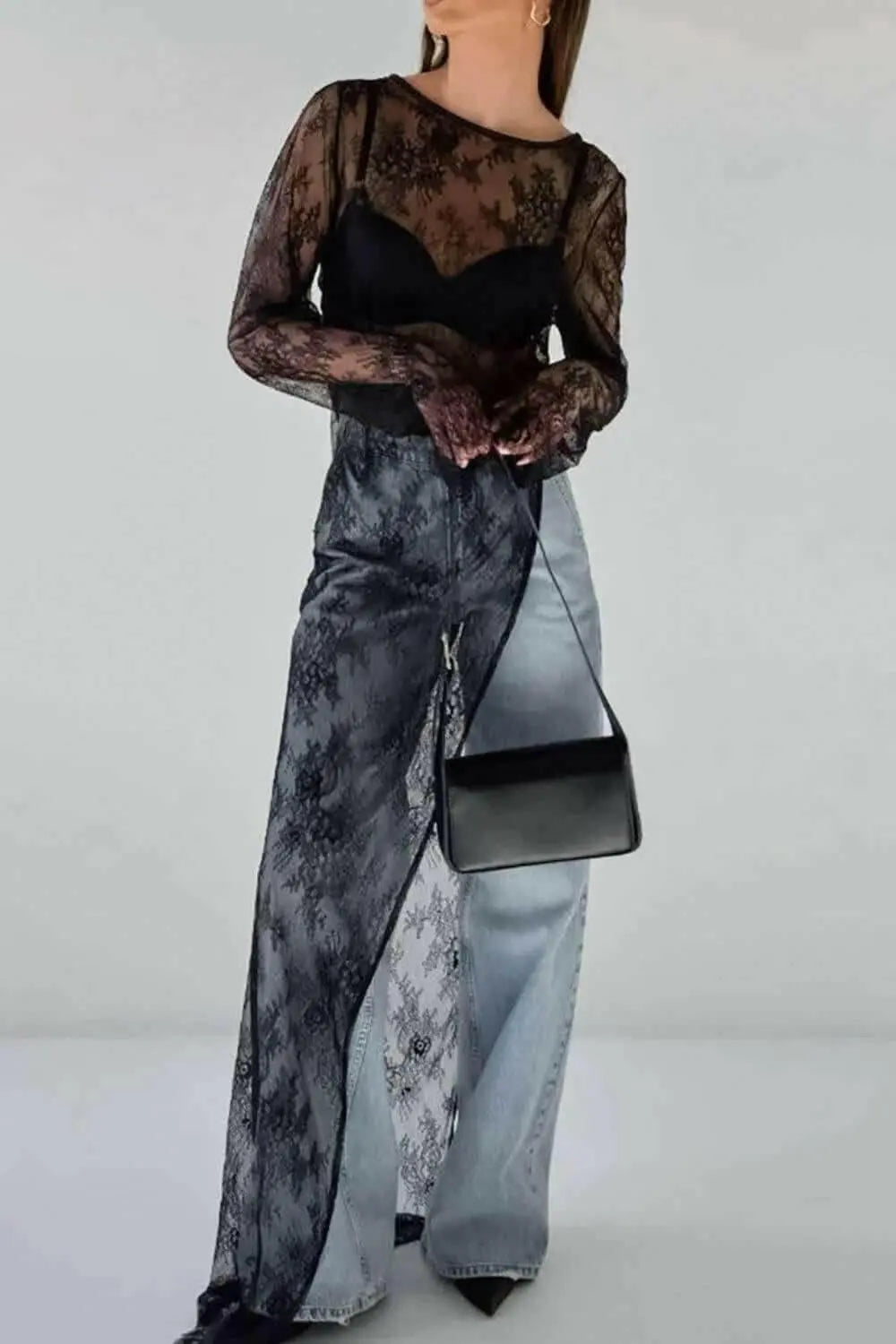 Fringe Round Neck Long Sleeve Lace Sheer Top - Plush Fashion Hub