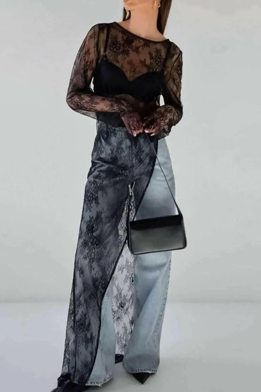 Fringe Round Neck Long Sleeve Lace Sheer Top.