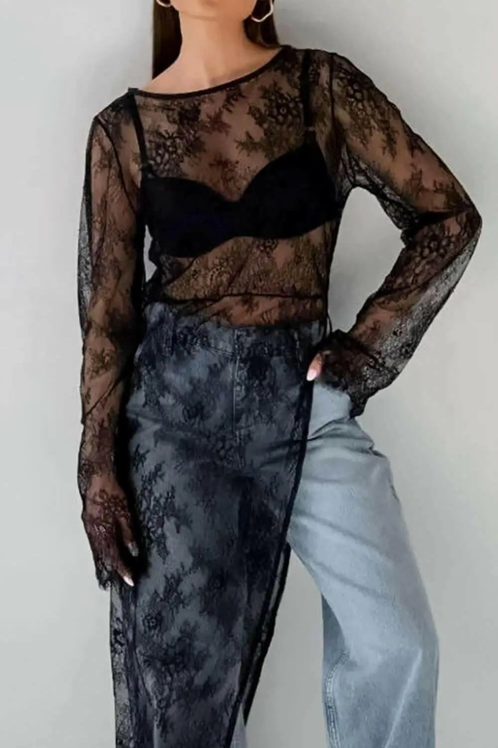 Fringe Round Neck Long Sleeve Lace Sheer Top.