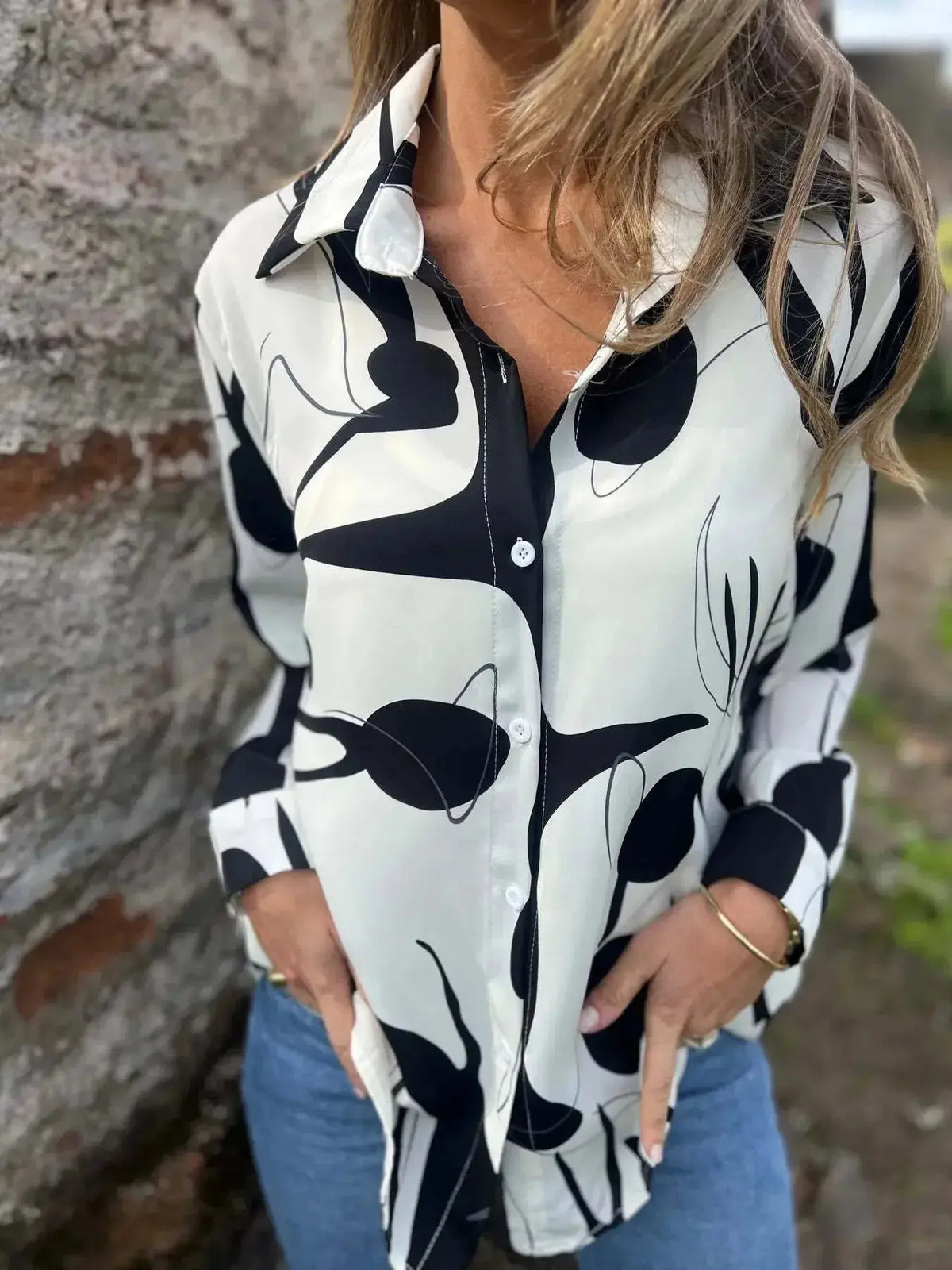 Plus size women's stretch abstract print long sleeve button-up shirt by Plush Fashion Hub, full view of stylish, comfortable design.
