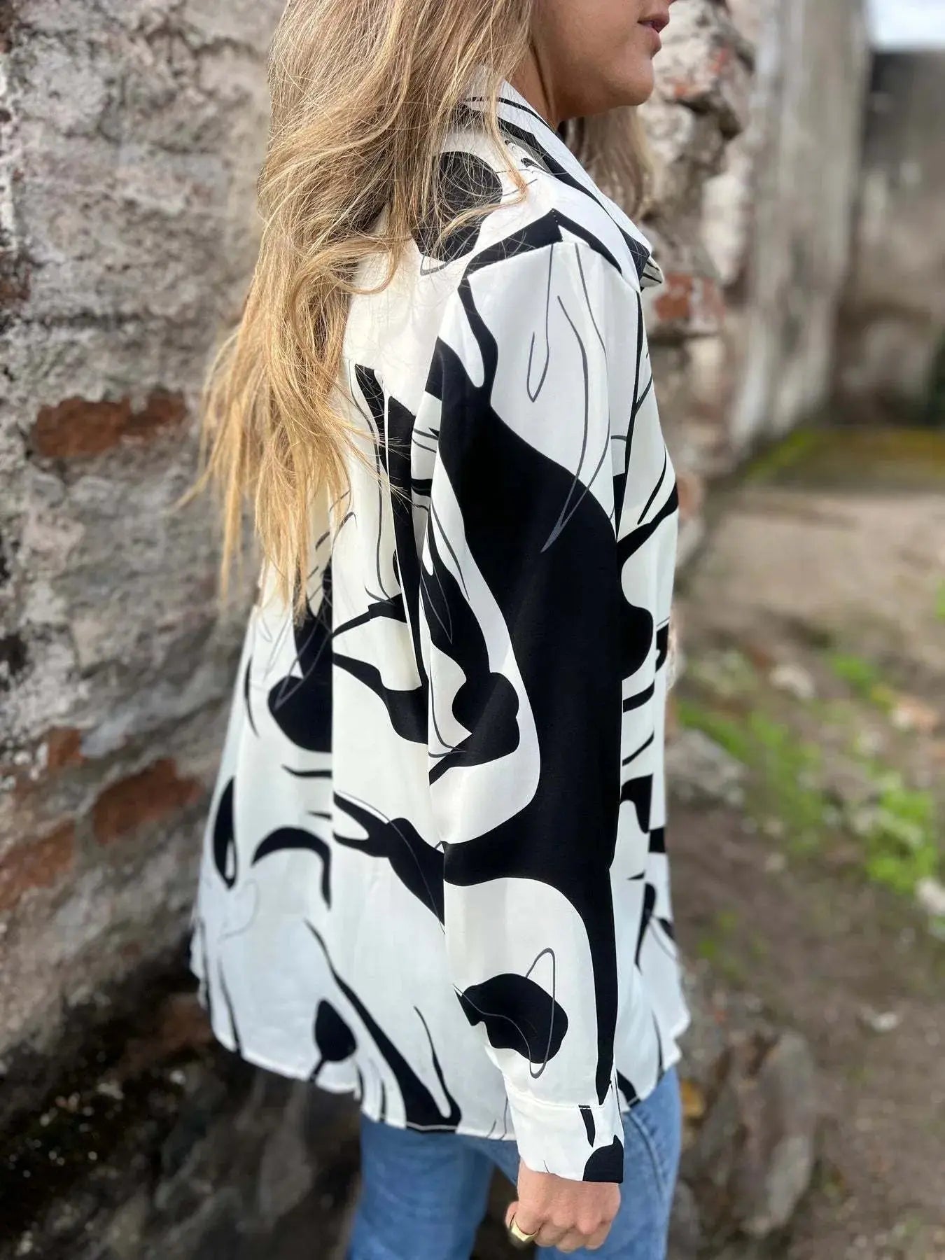 Full Size Abstract Print Long Sleeve Button-Up Shirt Plus Size - Plush Fashion Hub