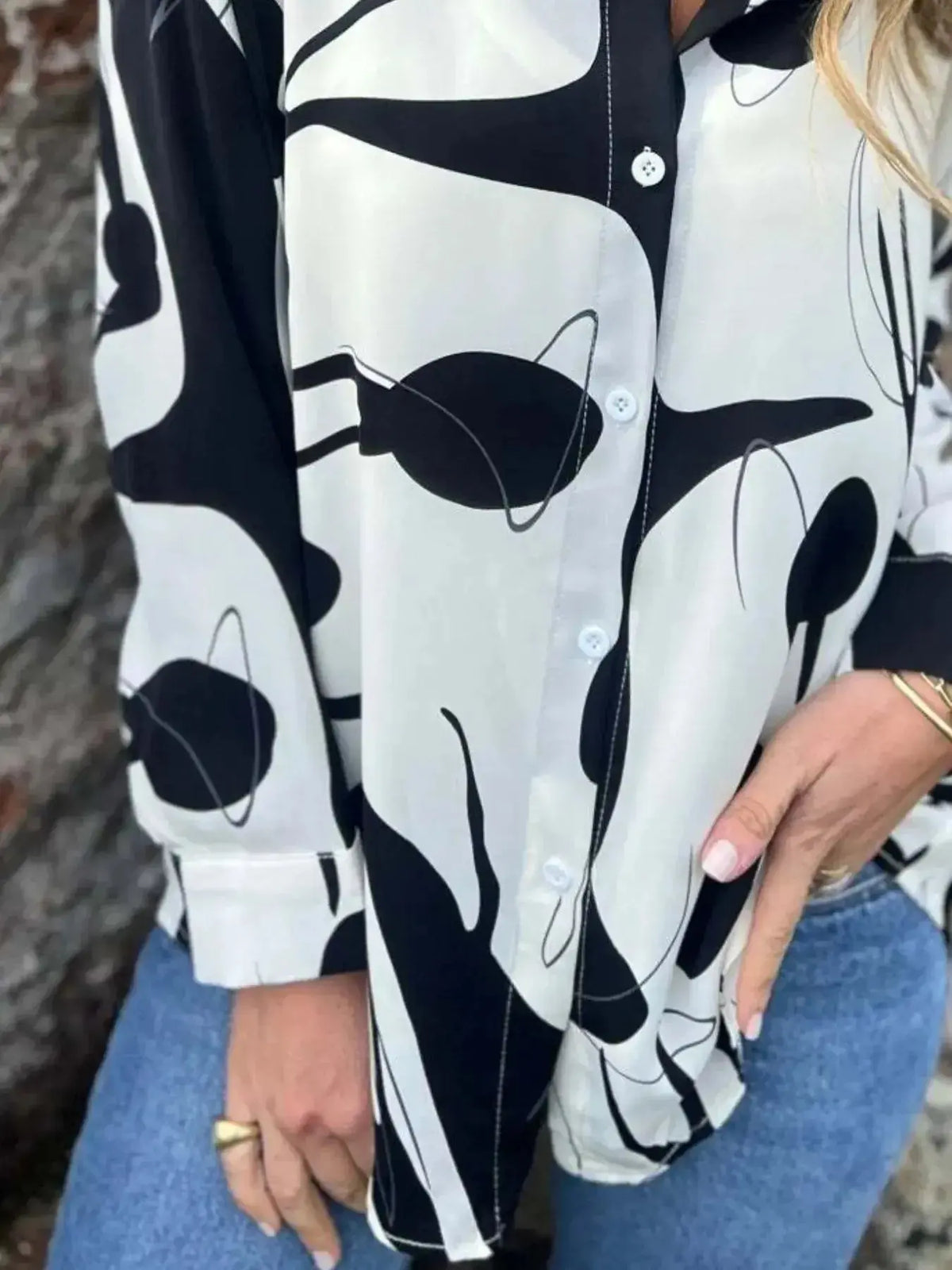 Plus size women's stretch abstract print long sleeve button-up shirt by Plush Fashion Hub, full view of stylish casual shirt.
