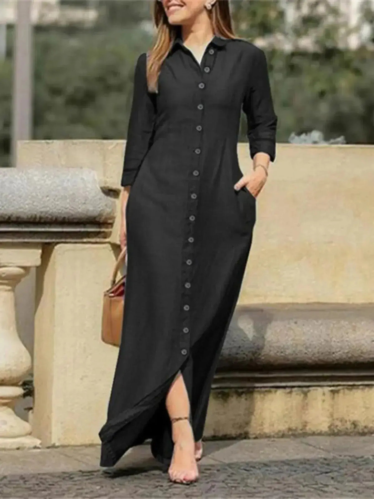 Plus size women's denim maxi dress with button-down front, long sleeves, and shirt collar from Plush Fashion Hub.
