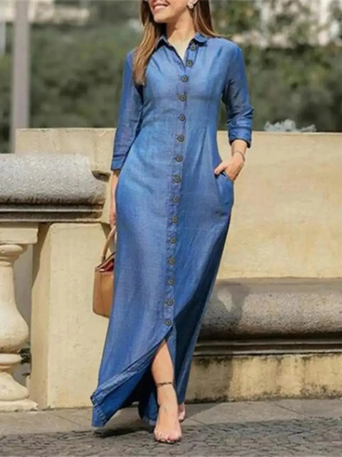 Plus size women's denim maxi shirt dress with button-down front from Plush Fashion Hub, full-length casual denim dress.
