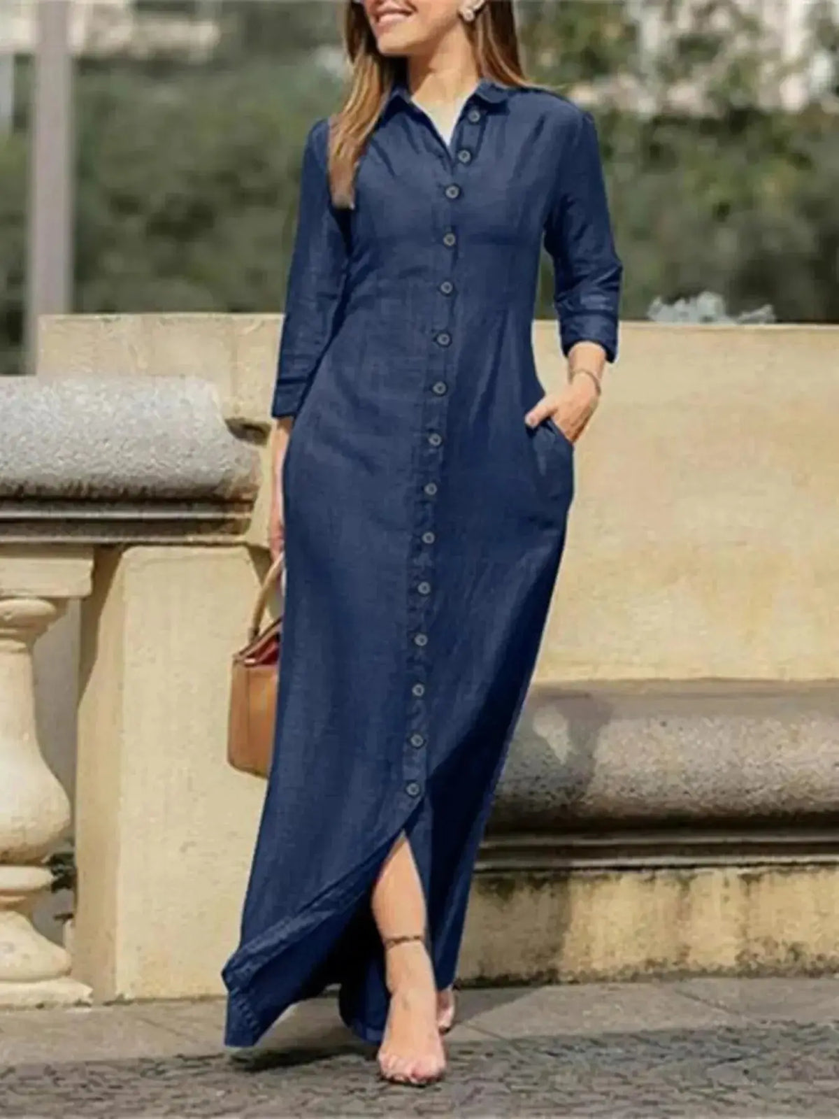 Plus size women's denim maxi dress with button-down design by Plush Fashion Hub, full-length casual shirt dress for women.