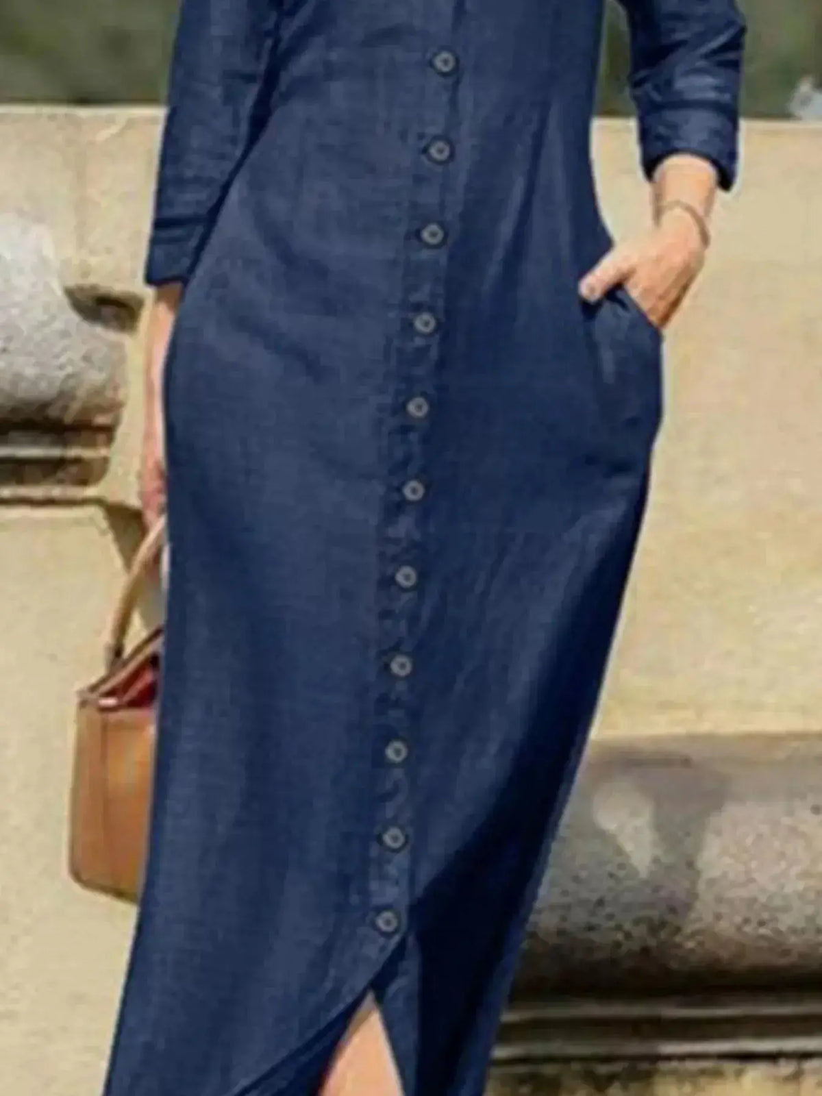 Plus size women's denim maxi dress with button-down shirt style from Plush Fashion Hub, full-length casual dress.