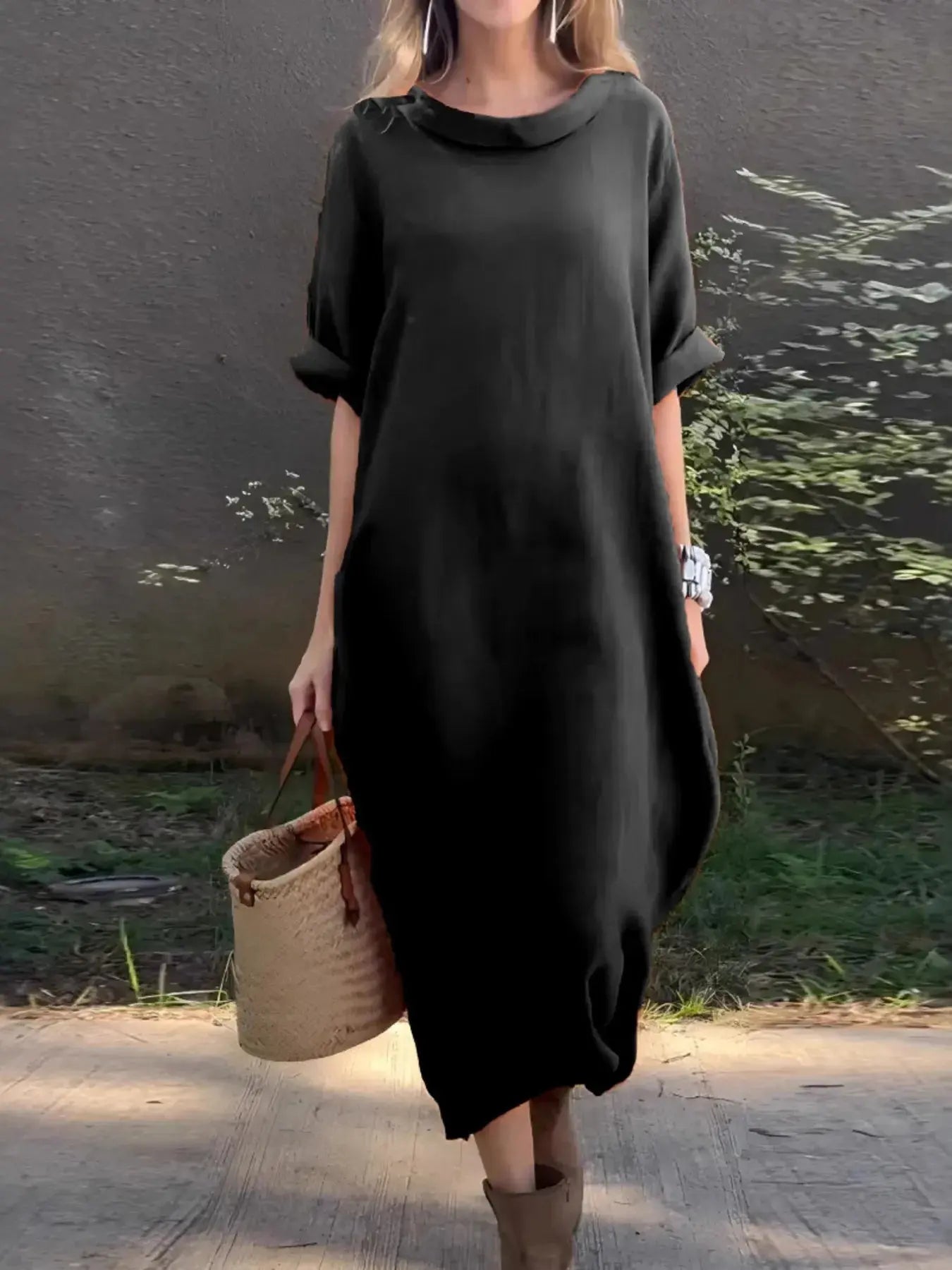 Full Size Casual Loose Fit Round Neck Midi Dress Plus Size - Plush Fashion Hub