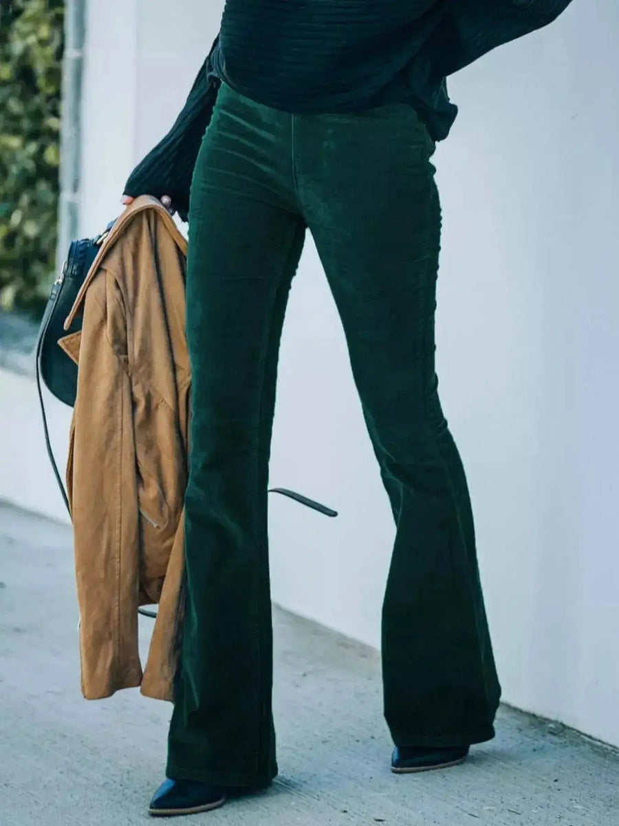 Plus size women's high-waisted corduroy flare pants by Plush Fashion Hub, full view showcasing boho style and relaxed fit.