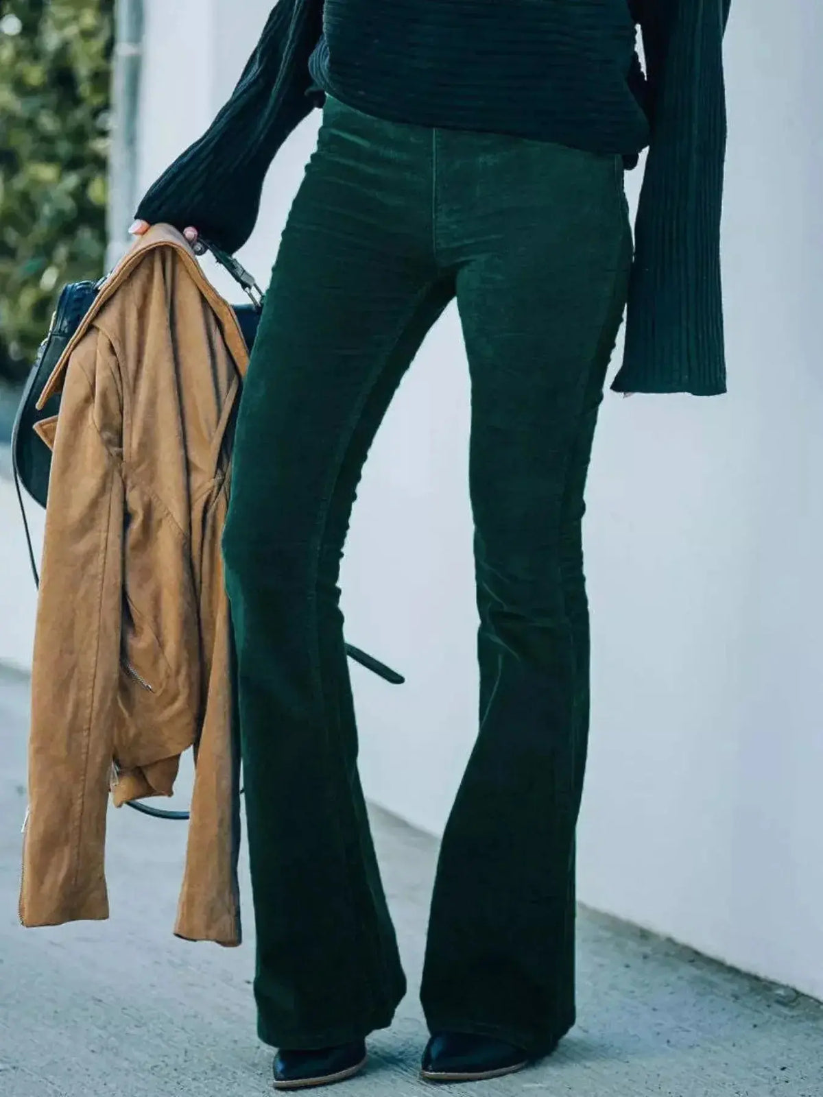 Plus size women's high-waisted corduroy flare pants by Plush Fashion Hub, shown in full length with boho style details.