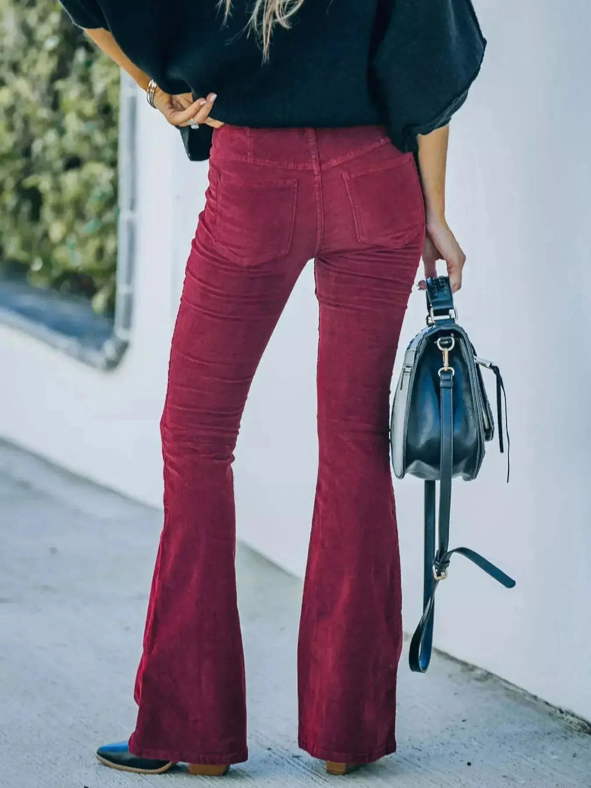 Plus size women's high-waisted corduroy flare pants by Plush Fashion Hub, featuring a boho style and full-length fit.