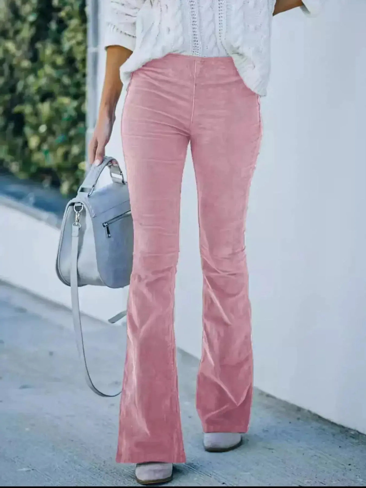 Plus size women's high-waisted corduroy flare pants by Plush Fashion Hub, showing full-length boho-style trousers.