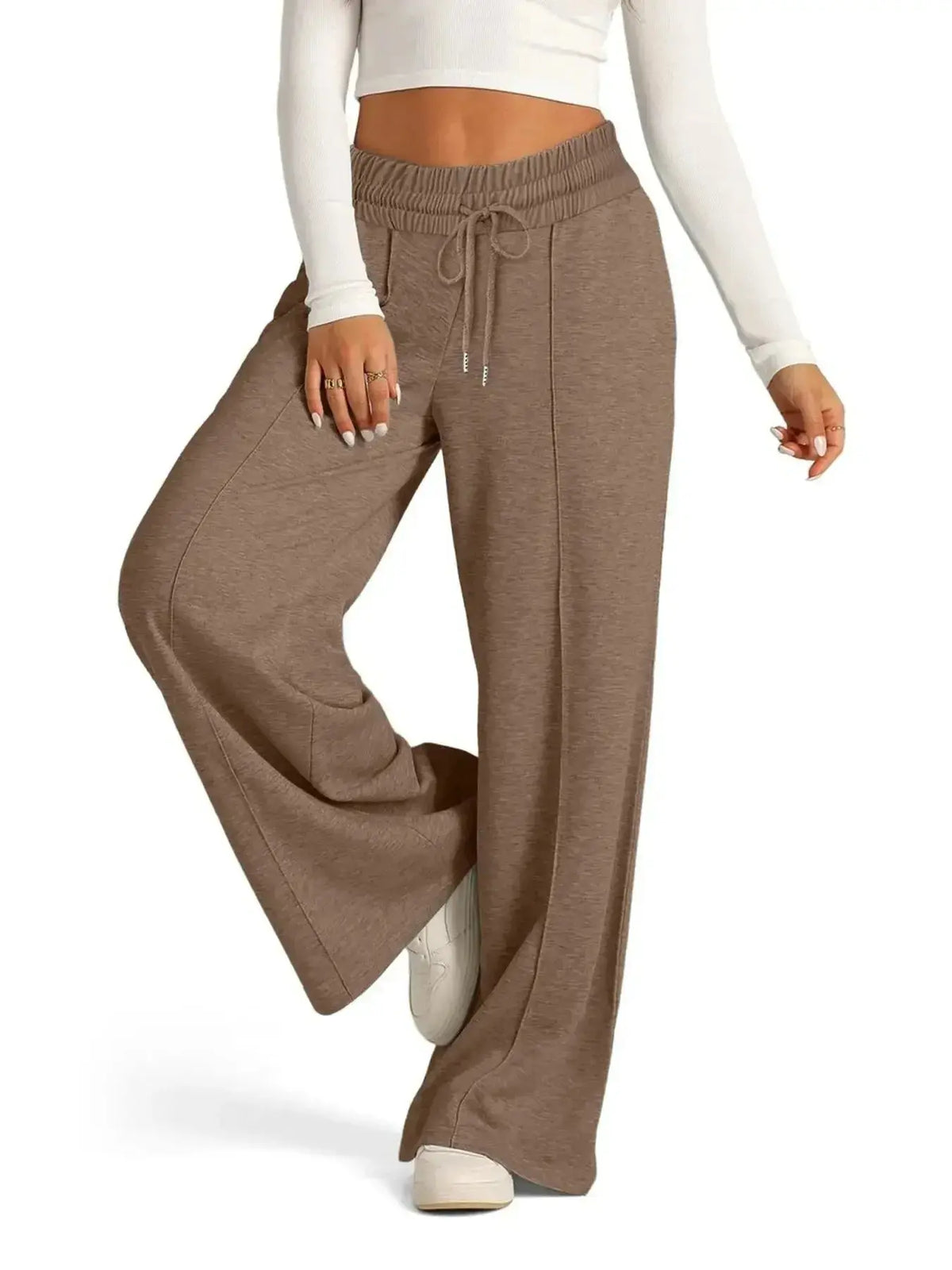 Women's relaxed fit wide-leg lounge pants with drawstring waist from Plush Fashion Hub, comfortable and stylish for casual wear.