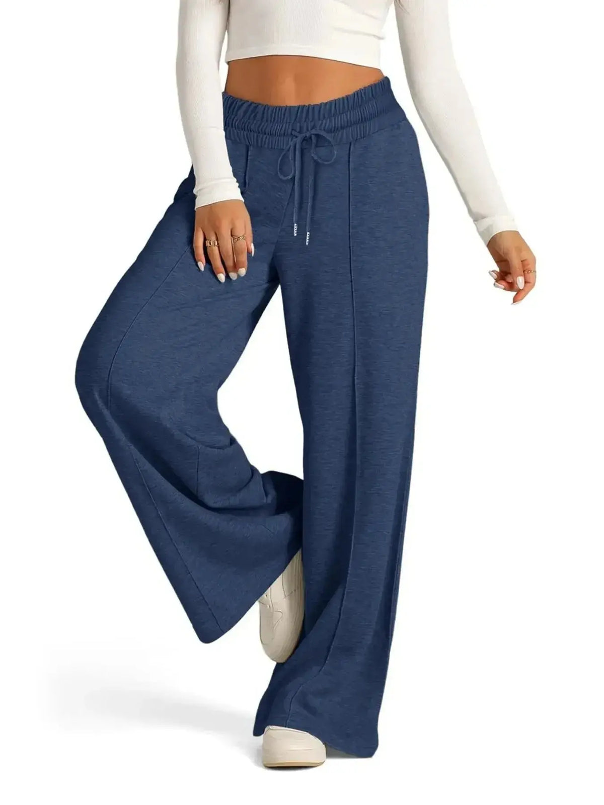 Plus size women's relaxed fit wide leg lounge pants with drawstring waist by Plush Fashion Hub, comfortable and casual everyday wear.