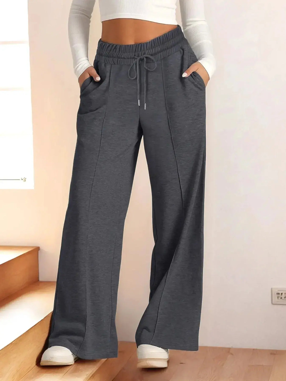Women's relaxed fit wide-leg lounge pants with drawstring waist from Plush Fashion Hub, perfect for comfortable casual wear.