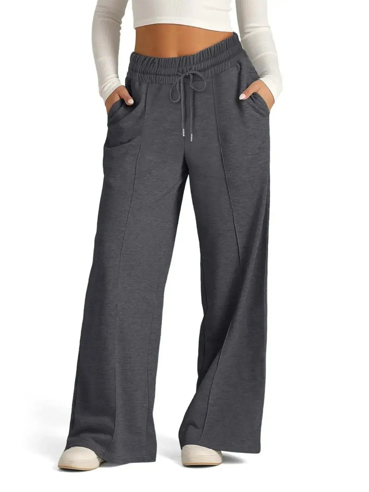Plus size women's relaxed fit wide leg lounge pants with drawstring waist by Plush Fashion Hub, comfortable and stylish for casual wear.