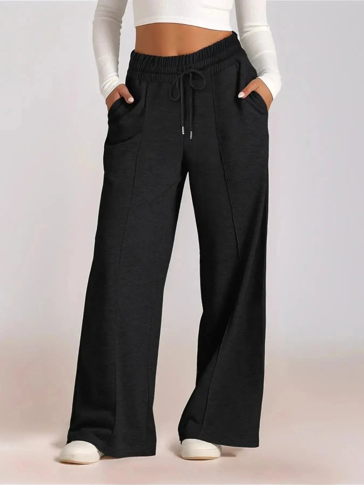 Plush Fashion Hub women's relaxed fit wide leg lounge pants with drawstring, comfortable plus-size casual pants.