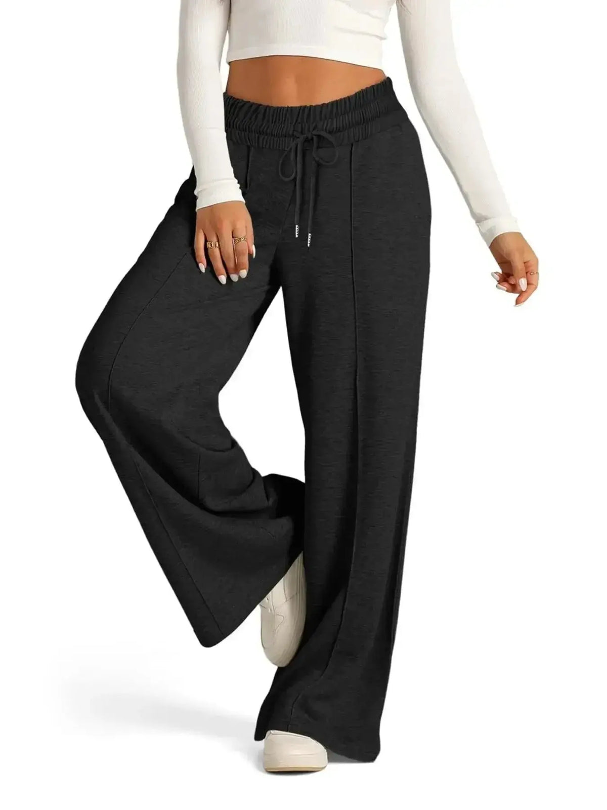 Plus size women's relaxed fit wide-leg lounge pants with drawstring waist from Plush Fashion Hub, shown in full length.