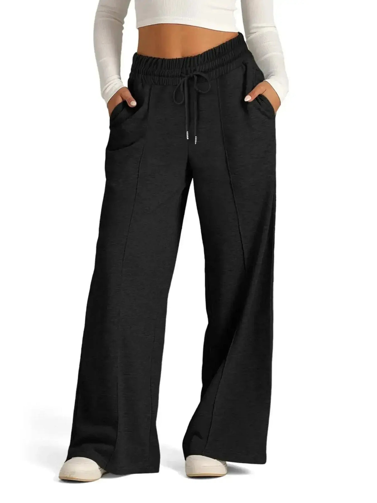 Plus size women's relaxed fit wide-leg lounge pants with drawstring waist by Plush Fashion Hub, comfortable and stylish for casual wear.