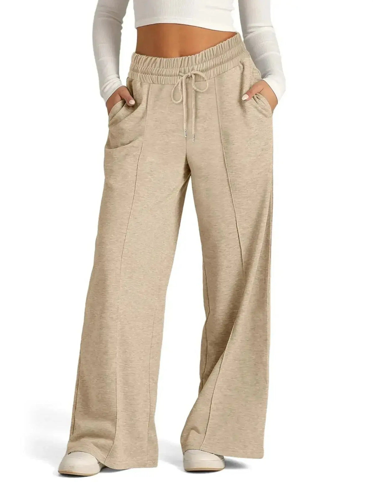 Women’s relaxed fit wide-leg lounge pants with drawstring waist from Plush Fashion Hub, perfect for comfortable casual wear.