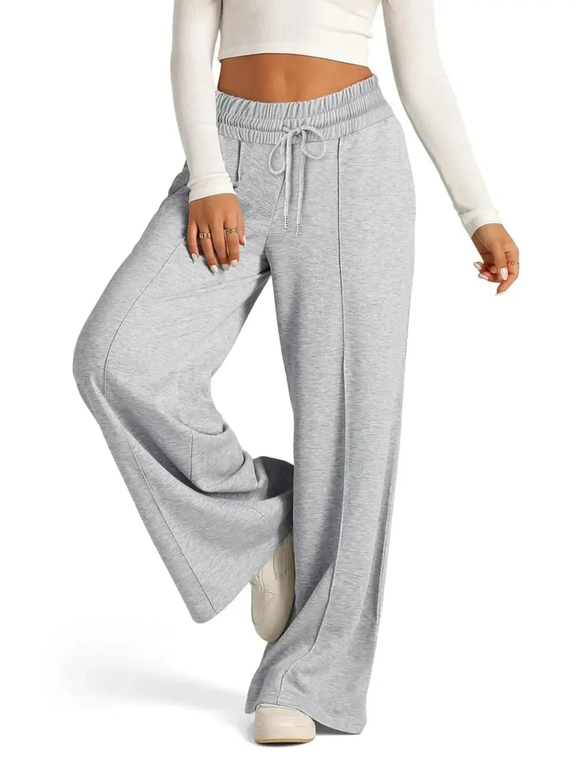 Plush Fashion Hub women's relaxed fit wide-leg lounge pants with drawstring, comfortable plus-size casual pants.