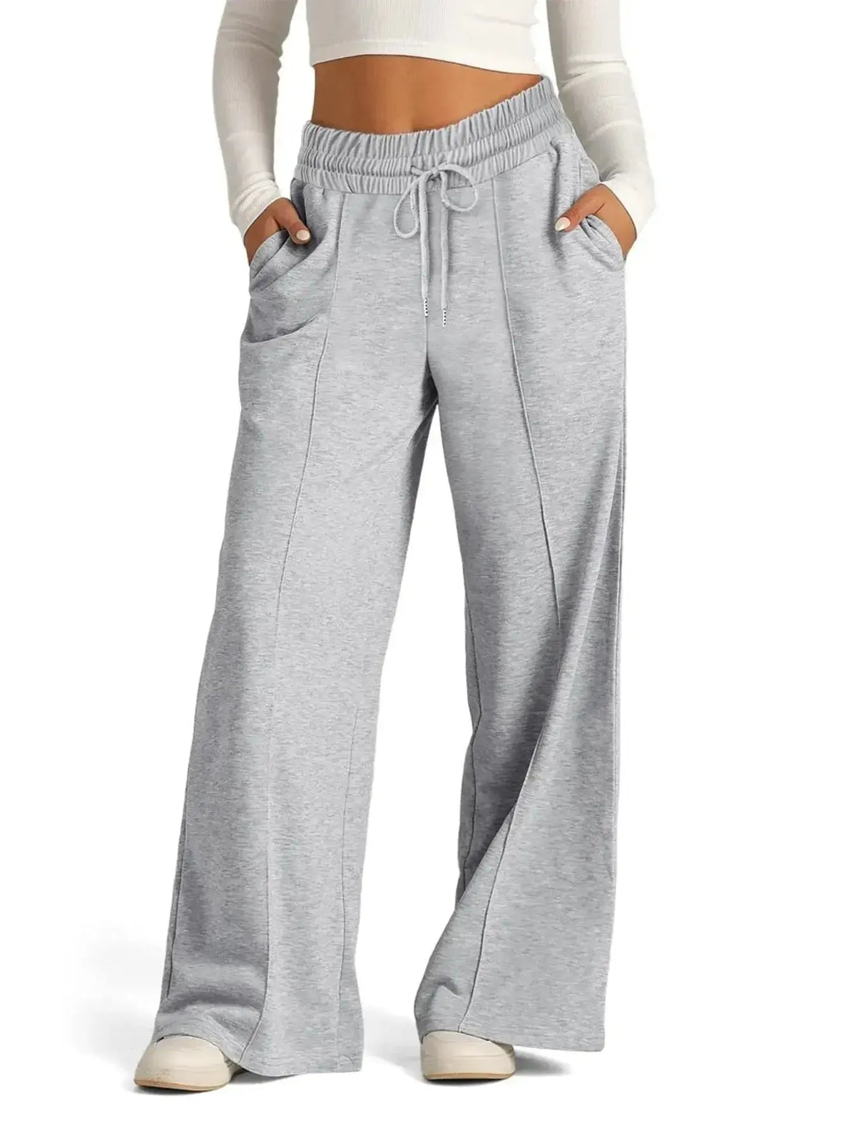 Women's relaxed fit wide-leg lounge pants with drawstring waist from Plush Fashion Hub, comfortable plus-size casual pants.