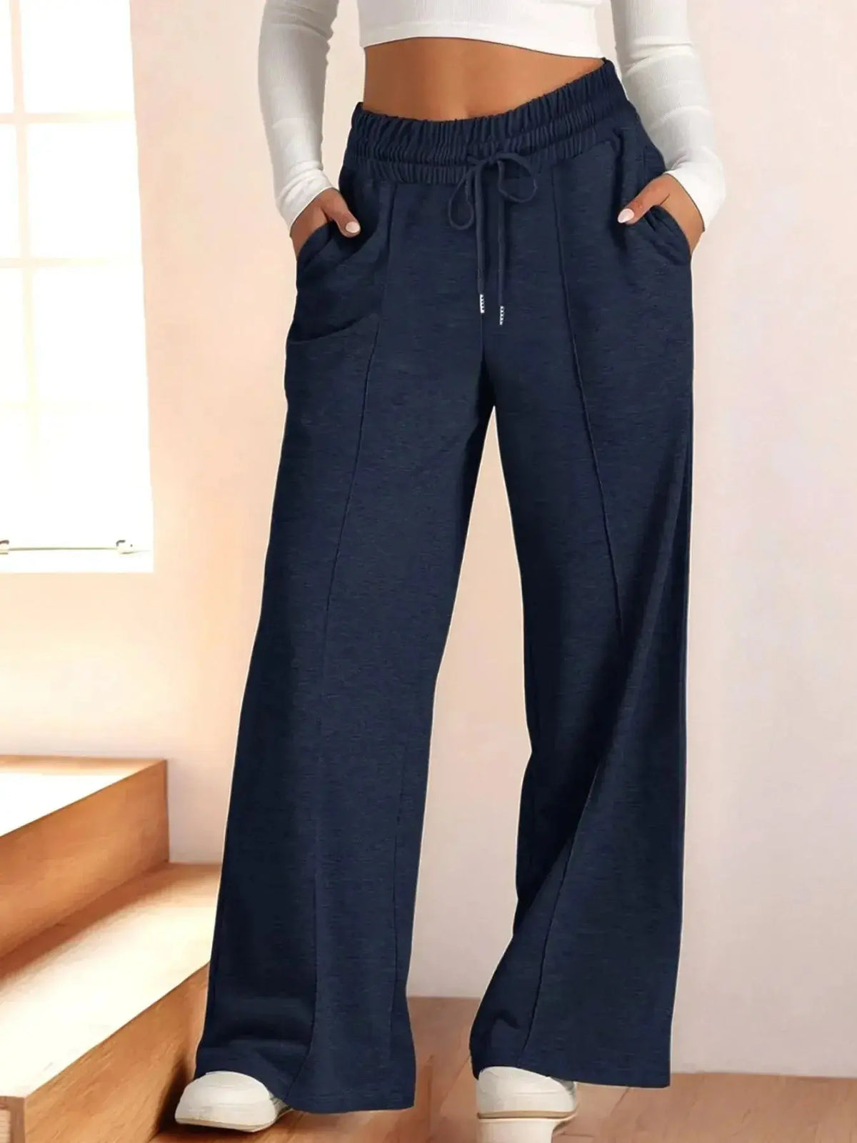 Plush Fashion Hub women's relaxed fit wide leg lounge pants with drawstring waist, plus size, comfortable and stylish.