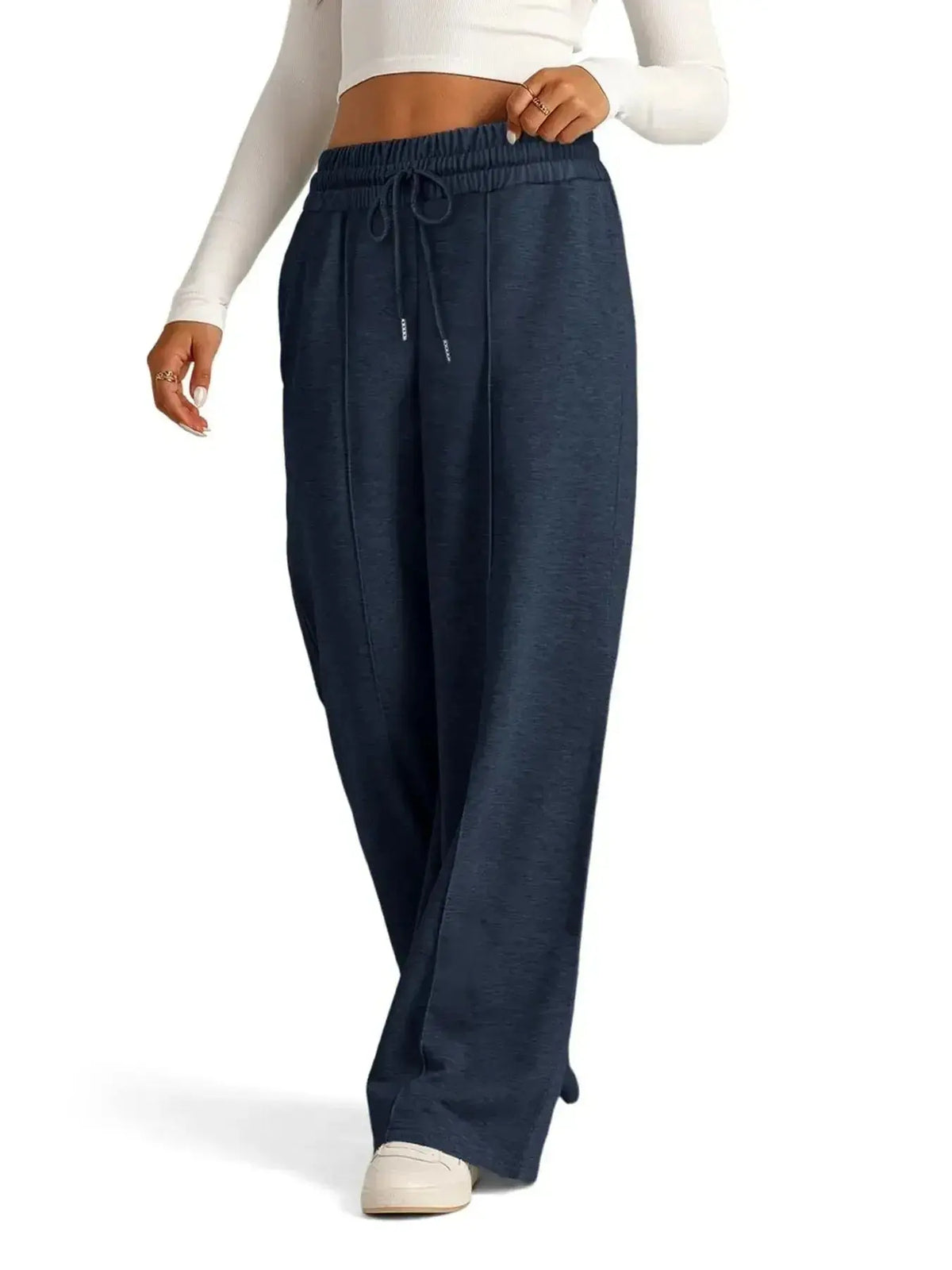 Plus size women's relaxed fit wide-leg lounge pants with drawstring waist from Plush Fashion Hub, casual and comfortable.