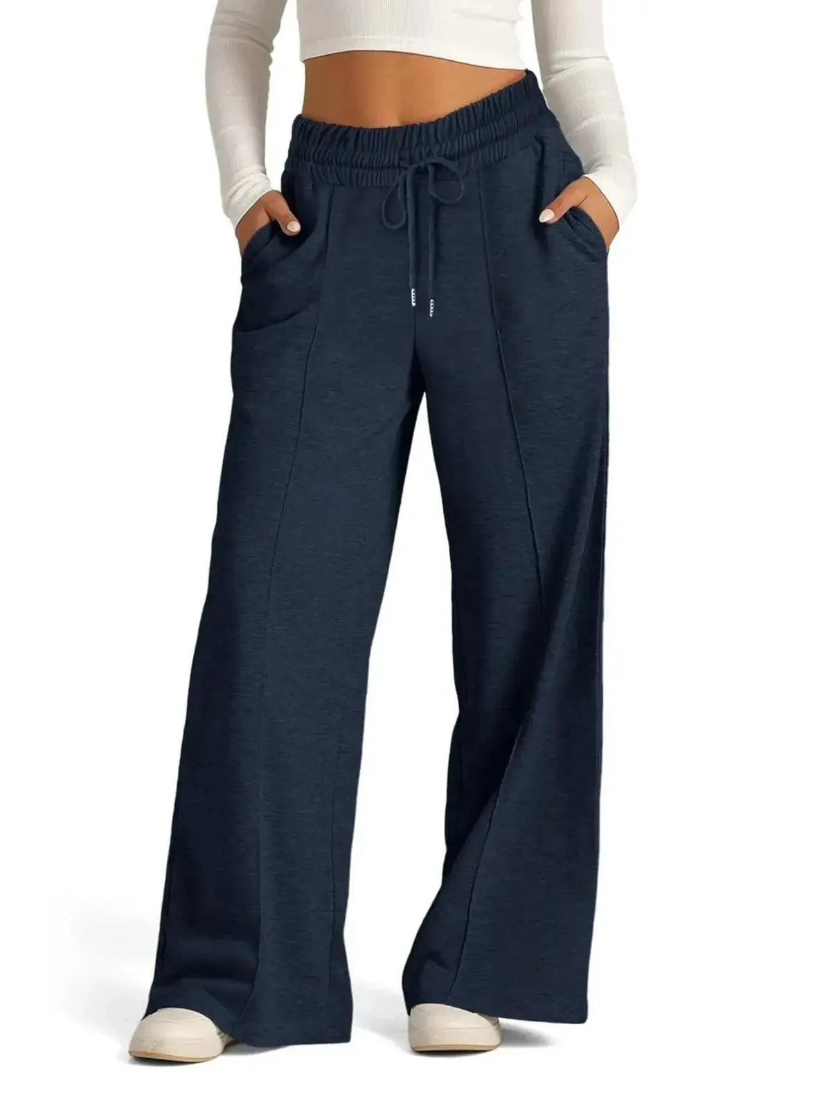 Women’s relaxed fit wide-leg lounge pants with drawstring waist from Plush Fashion Hub, styled for comfort and casual wear.